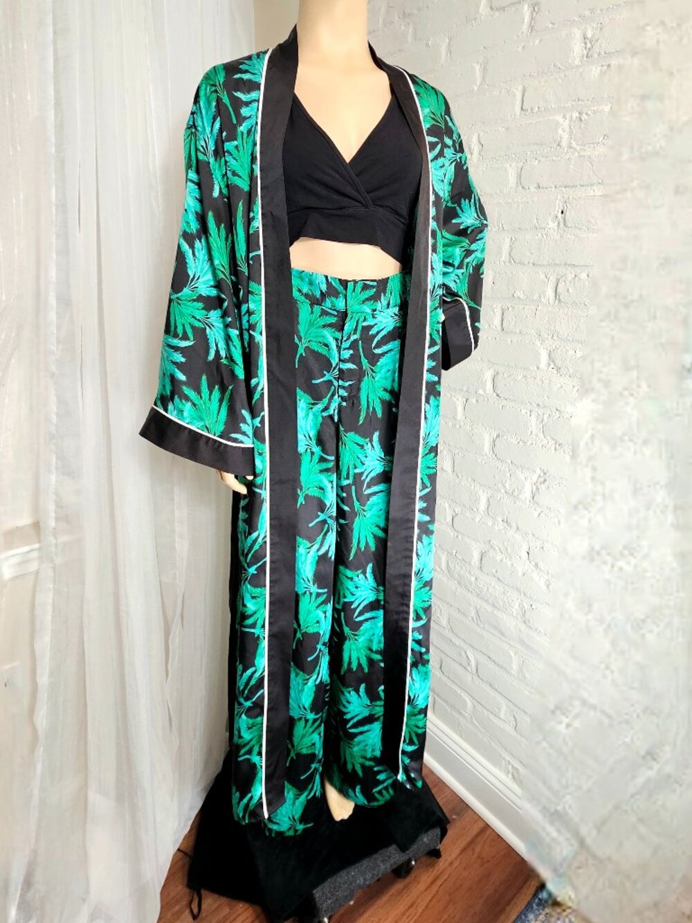 Fe Noel x Target Feathered Palm Print Robe & Wide Leg Pants Set Size XL Black